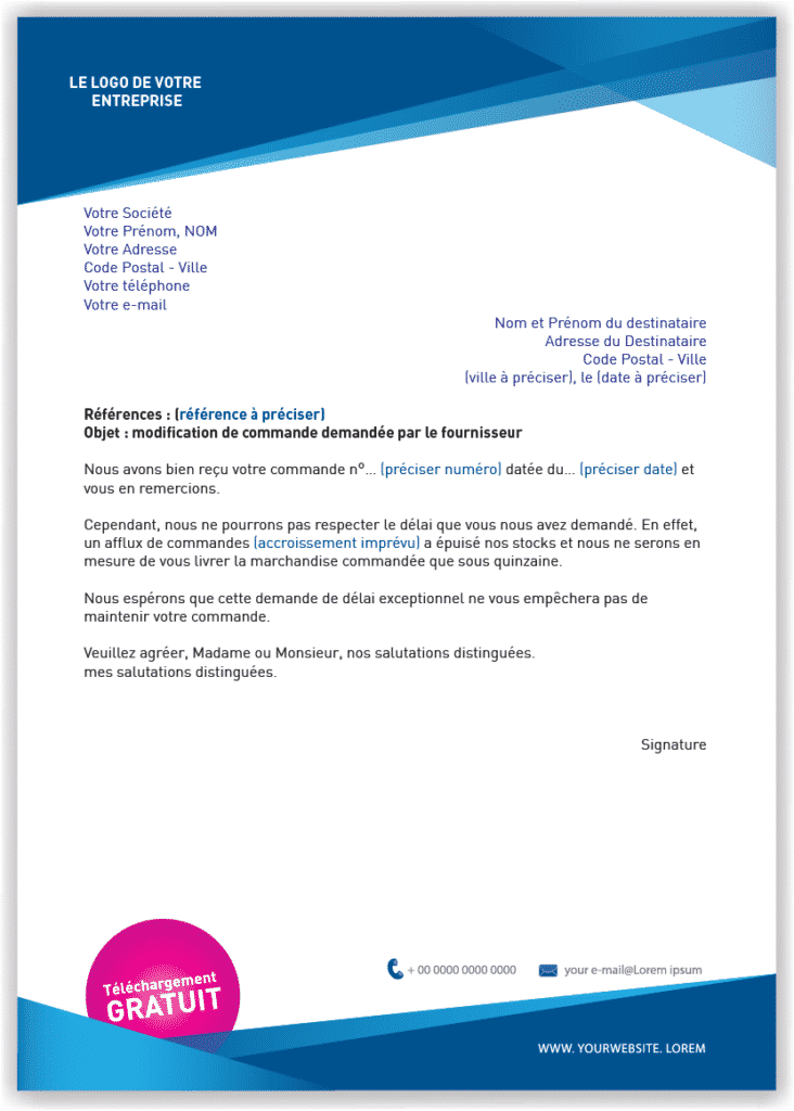 Lettre type de modification de commande