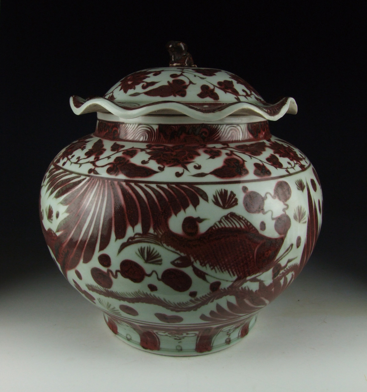 Chinese Antique Red Underglaze Porcelain Lidded Pot w FISH