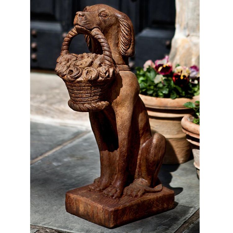 Life size bronze dog with basket garden statue for front porch