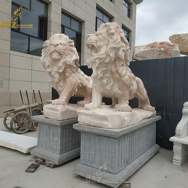 Outdoor life size standing lion statues pair for front porch