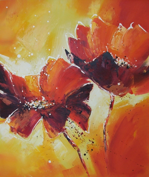 Tableau contemporain fleurs rouges. Fleurs rouges en peinture.