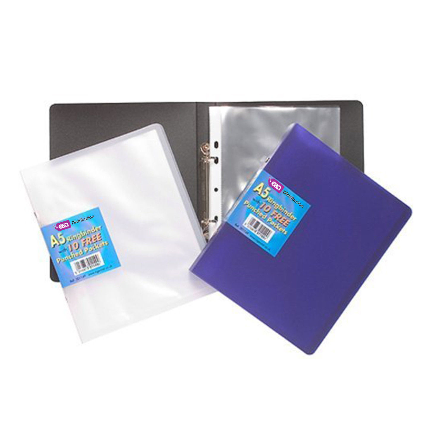 12 x A5 Slim Ring Binder Book + 10 Plastic Punched Clear Pockets Small Folder E&A Distribution
