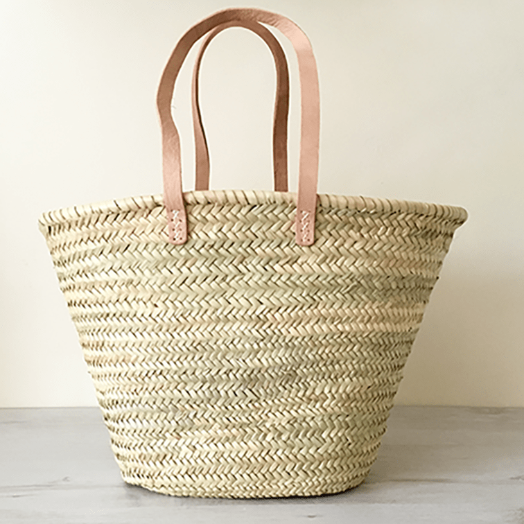 French shopping Basket With Natural Long Leather Handles. East Unique