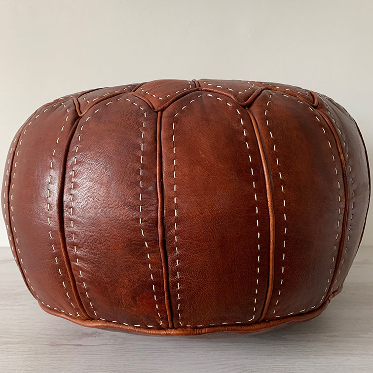 Moroccan Leather Pouffe Dark Tan, Natural Embroidered CenterLarge