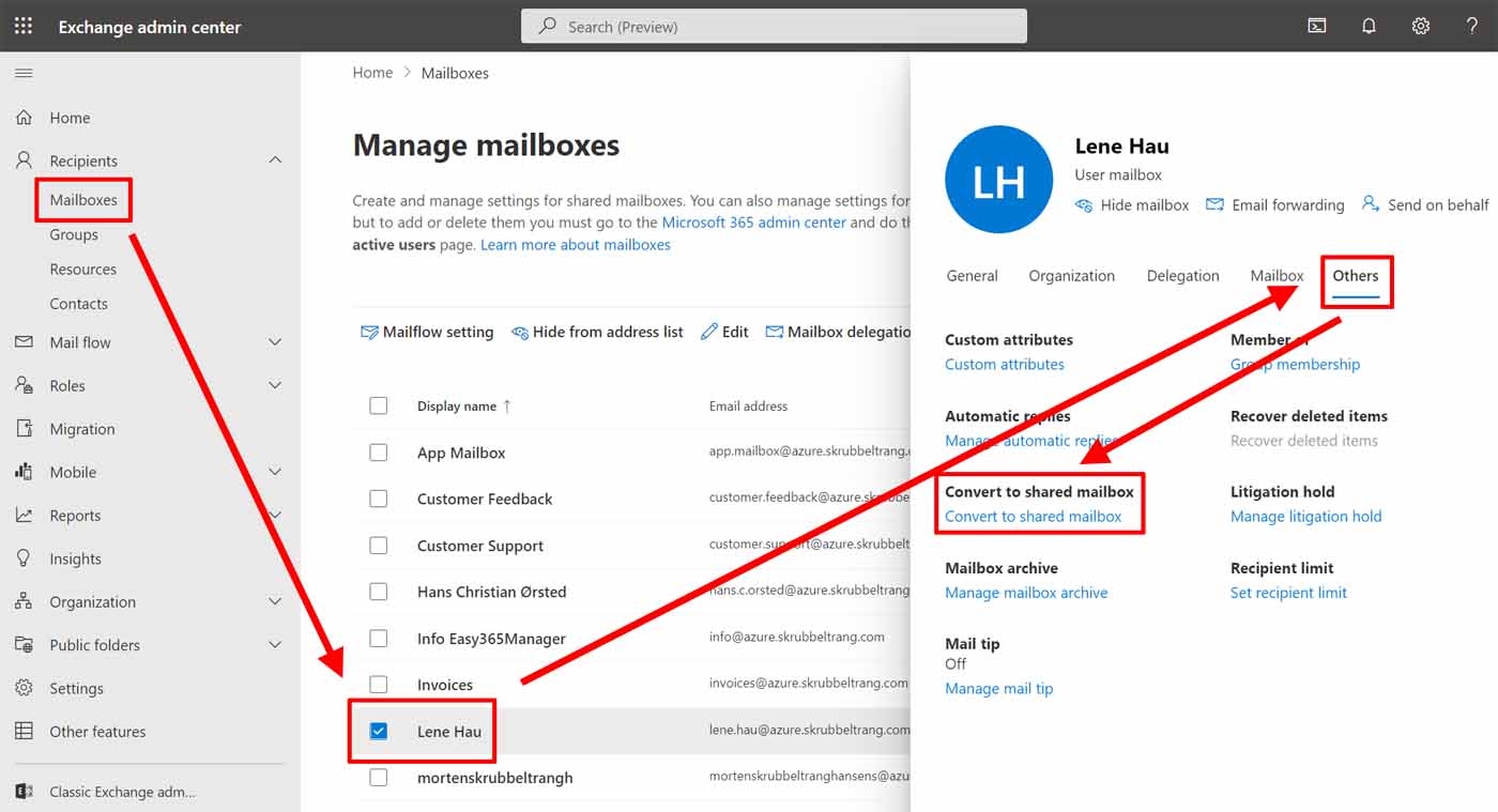 SetMailbox Type Shared Mailbox Conversion Easy365Manager