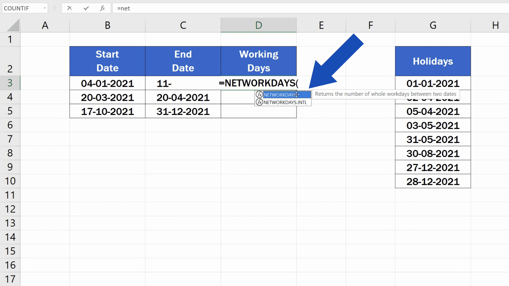 How to Calculate Working Days in Excel