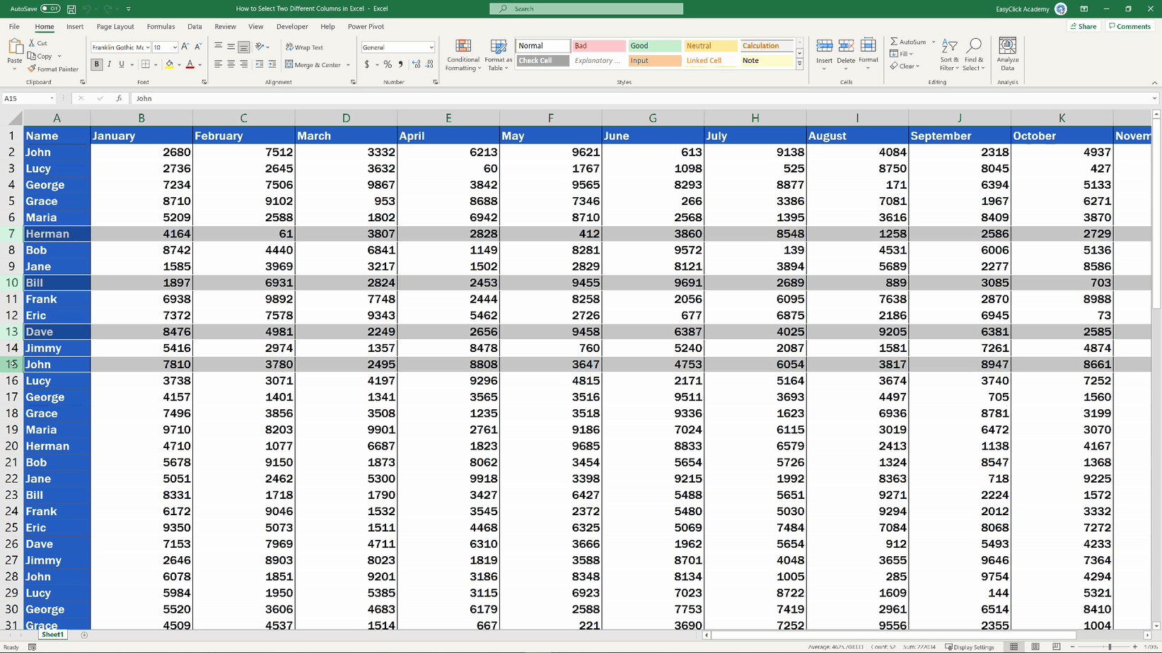 How to Select Two Different Columns in Excel at the Same Time