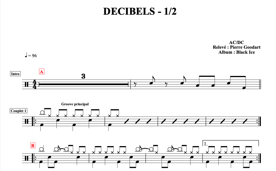 Partition batterie // AC/DC Décibels Easy Drum Scores Apprendre