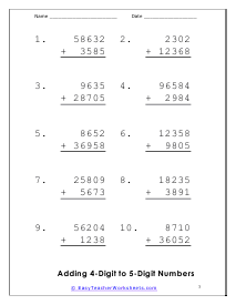 5 Digit Addition Worksheets