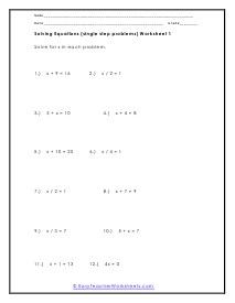 One Step Equations Worksheets