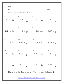 Converting Decimals to Fractions and Percentages Worksheets
