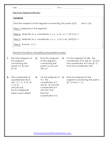 MidPoint of a Line Segment Worksheets