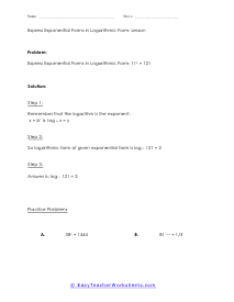 Express Logarithmic Form in Exponential Forms Worksheets