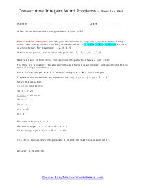 Consecutive Integers Word Problems Worksheets