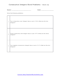 Consecutive Integers Word Problems Worksheets