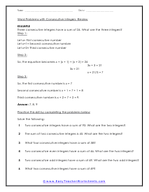 Consecutive Integers Word Problems Worksheets