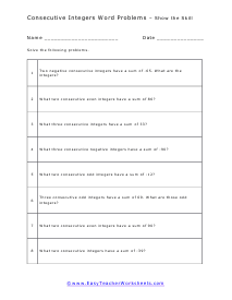 Consecutive Integers Word Problems Worksheets
