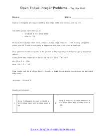 Integer Word Problems Worksheets