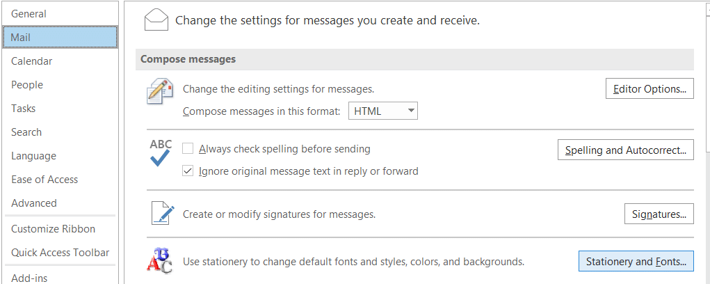Change Outlook 365 / 2019 default font style and size