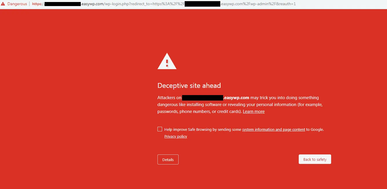 How to resolve a "deceptive site ahead" warning EasyWP