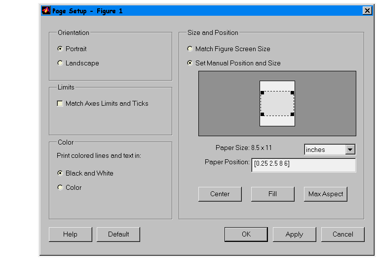 Printing MATLAB Graphics (Page Setup Dialog)