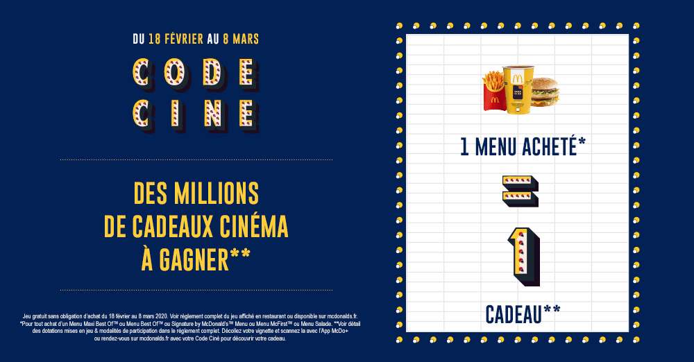 McDonalds Code Ciné Jeu Des millions de cadeaux sur McDonalds.fr