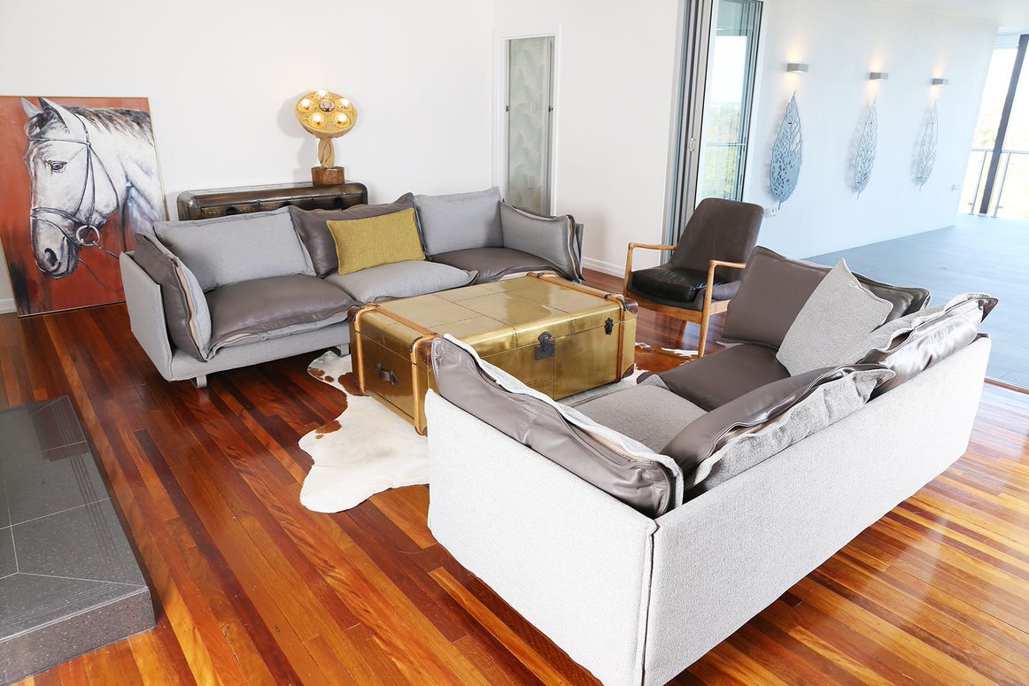 Fabian Two Tone Fabric and Leather Modern Retro Sofa Brisbane