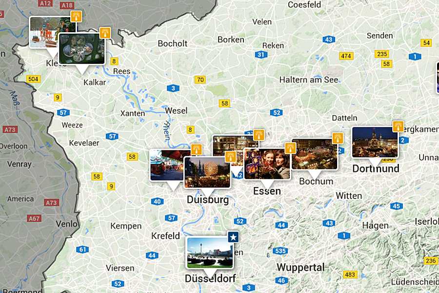 Kaart Duitsland Oberhausen Kerstmarkt Een selectie van Duitse kerstmarkten op een kaart