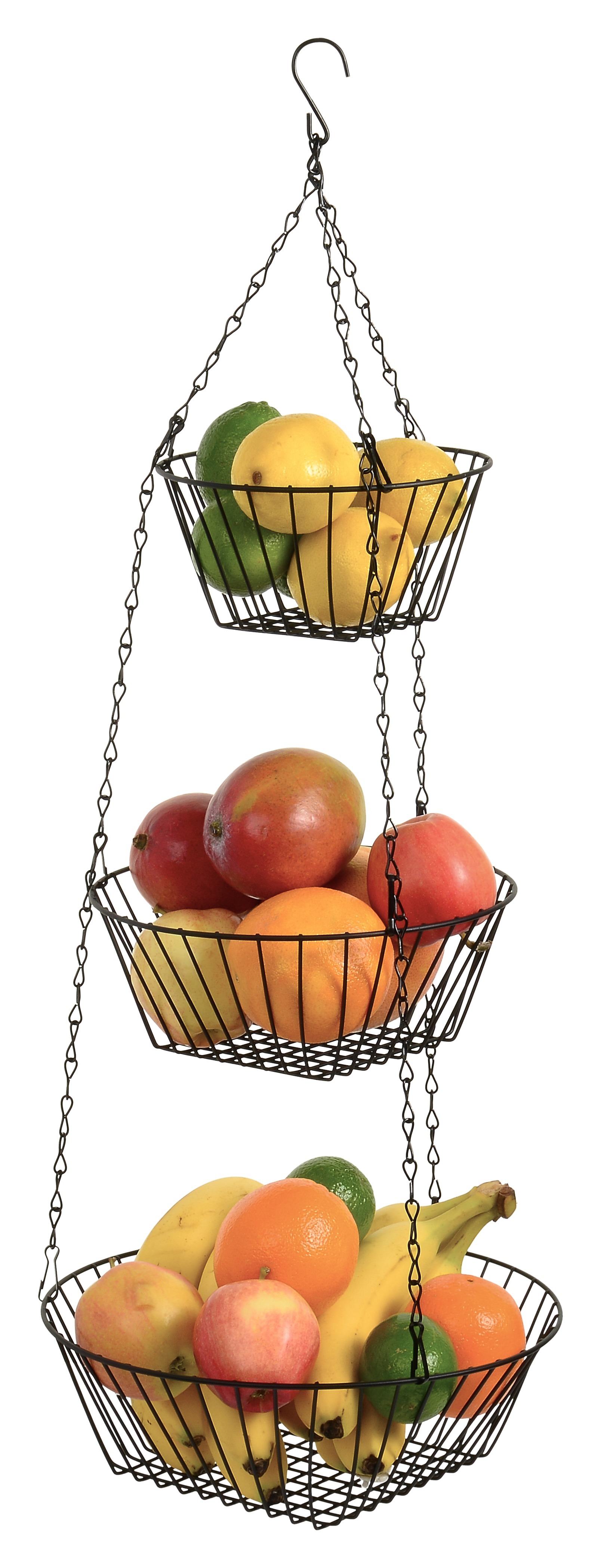 Hanging Fruit Basket 3 Tier, Round, For Kitchen, Black, 25 Inches Long