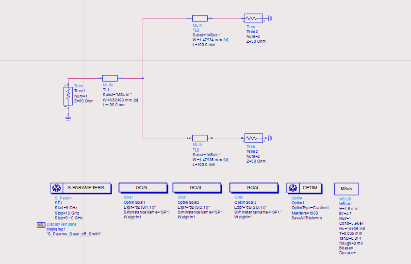 How to design XBand 12 Microstip Tjunction power divider in ADS