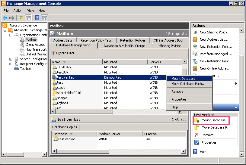 Manual way to Mount Exchange Server Database Mailbox