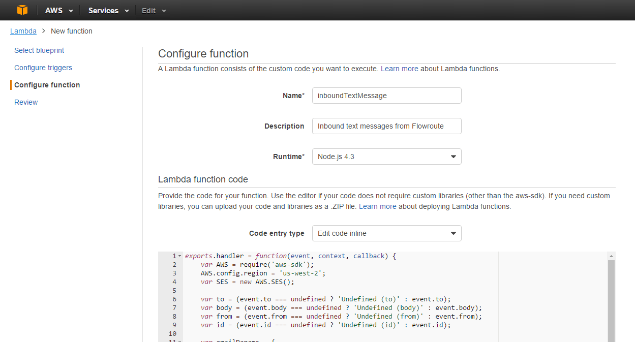 Processing Flowroute text messages with AWS Lambda Edge Cloud