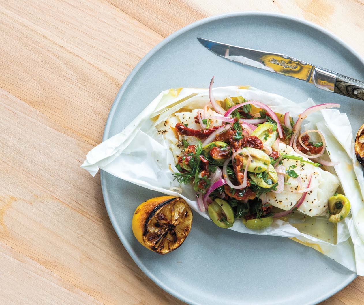 ParchmentWrapped, OvenBaked Halibut with Olive Relish Edible Rio