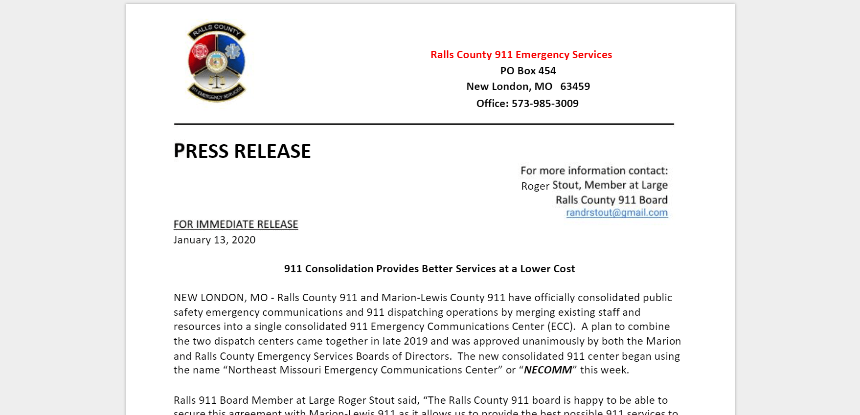 Ralls County Emergency Services Announces Consolidation with Lewis