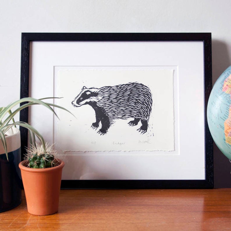 Framed Badger Linocut Art & Collectibles Wood & Linocut Prints