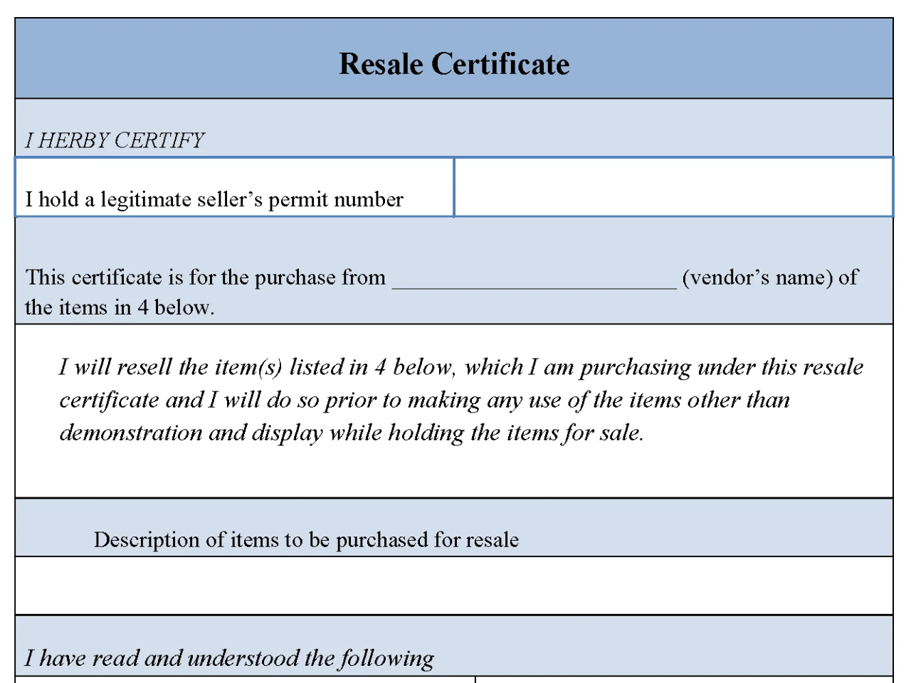 Resale Certificate Form Editable PDF Forms