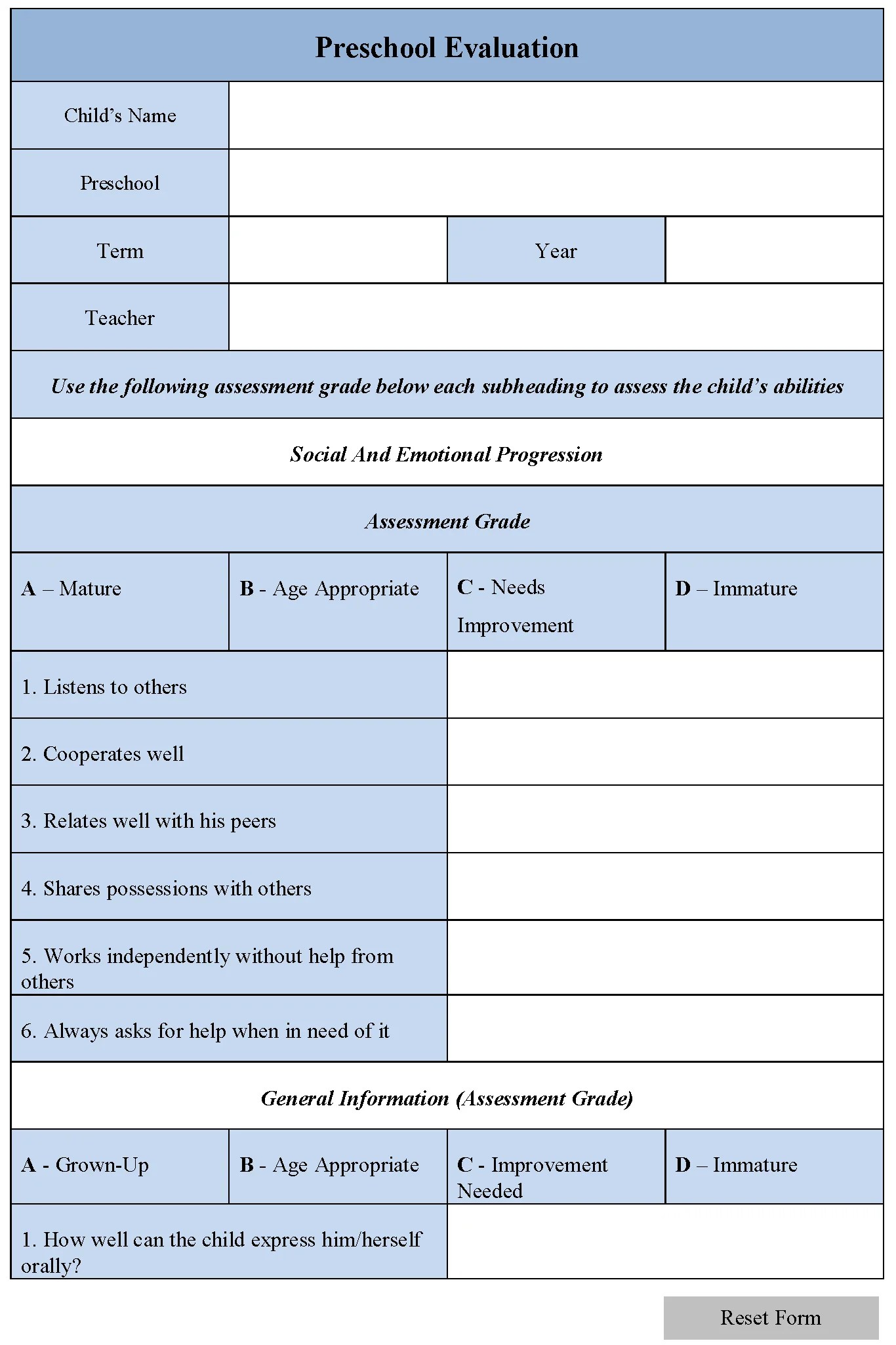 Preschool Evaluation Form Editable PDF Forms