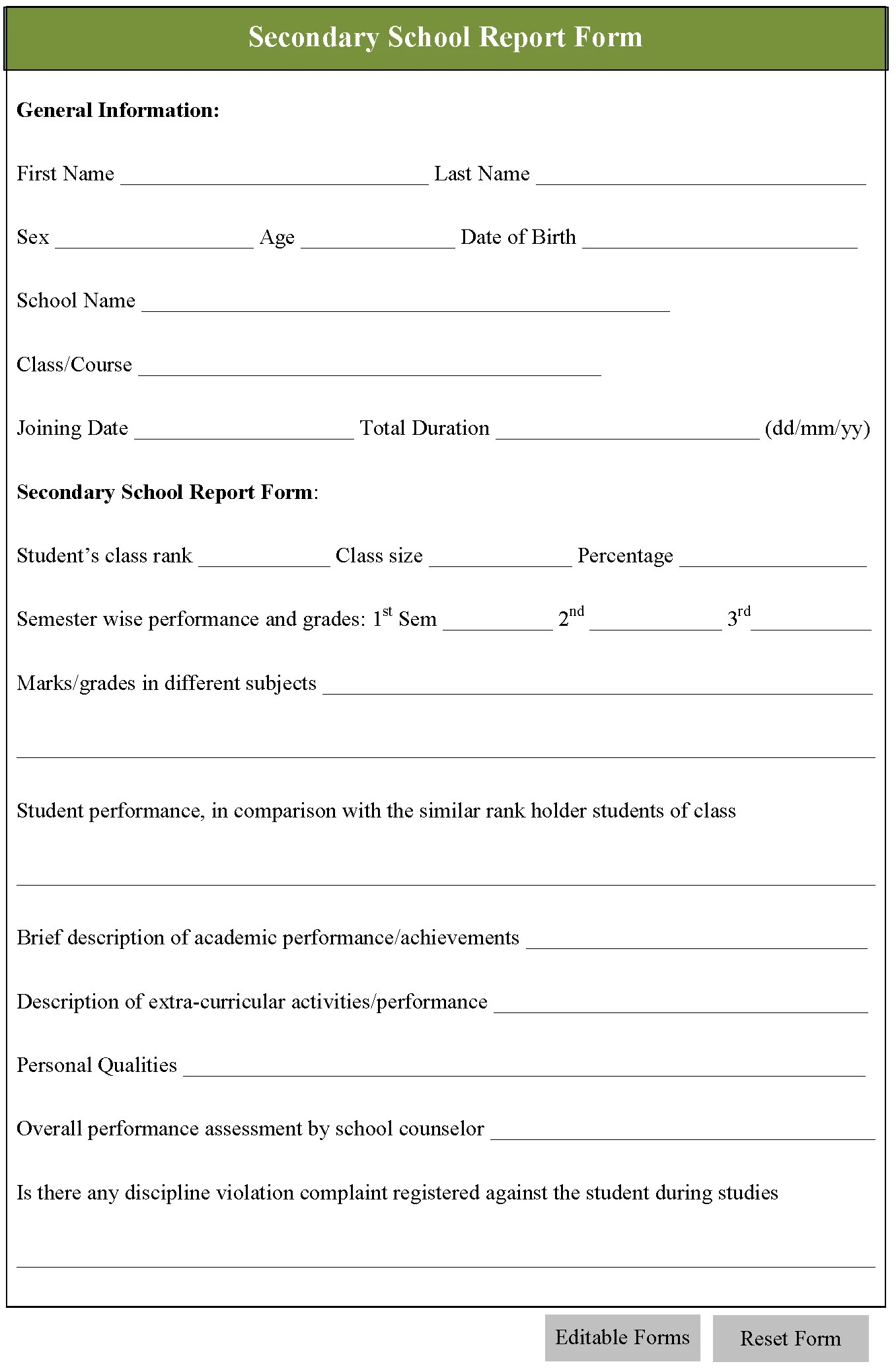 Secondary School Report Form Editable Forms