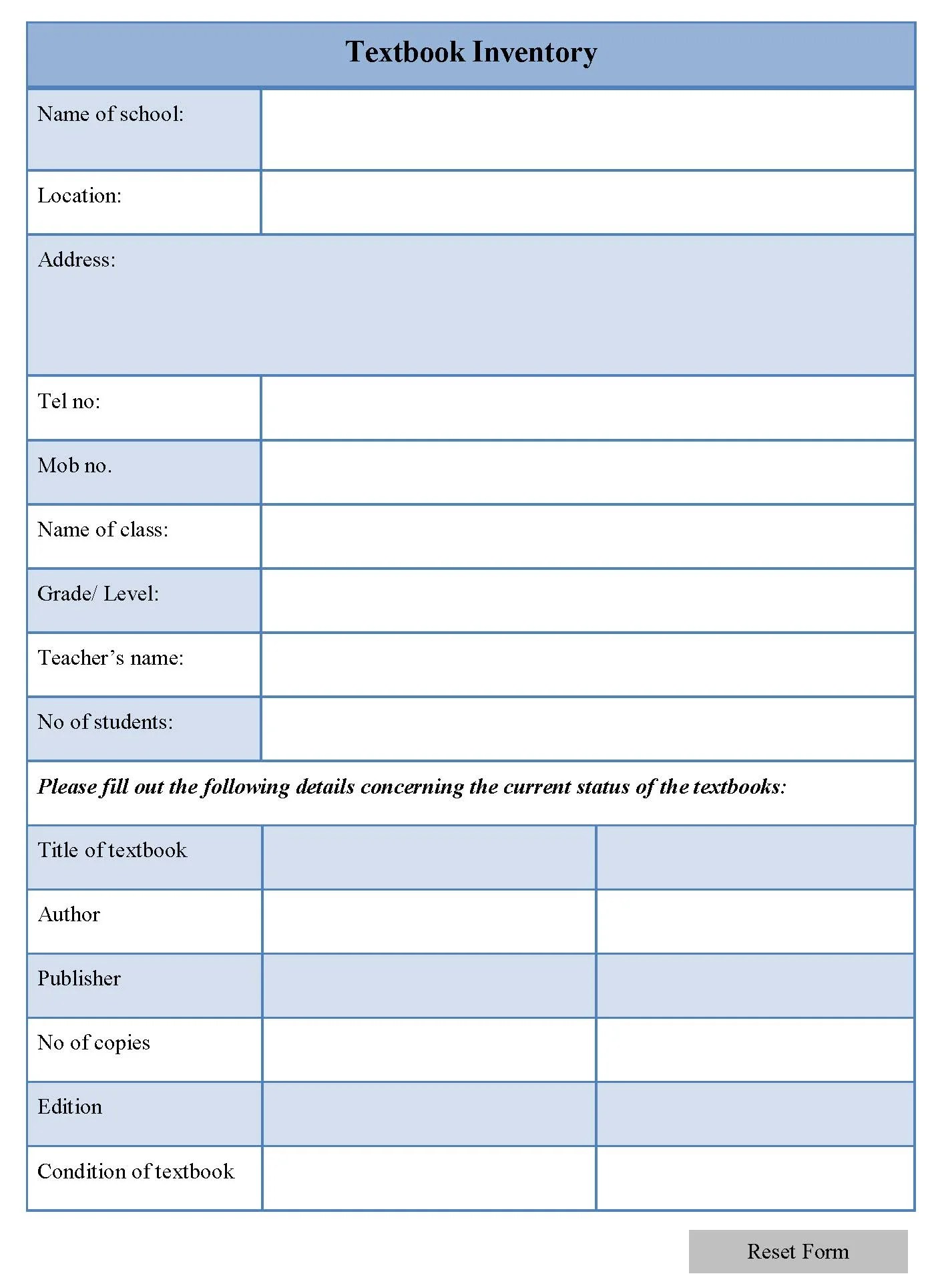 Textbook Inventory Form Editable Forms