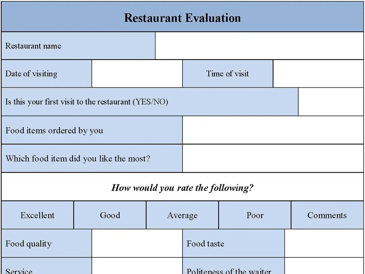 Restaurant Evaluation Fillable PDF Form