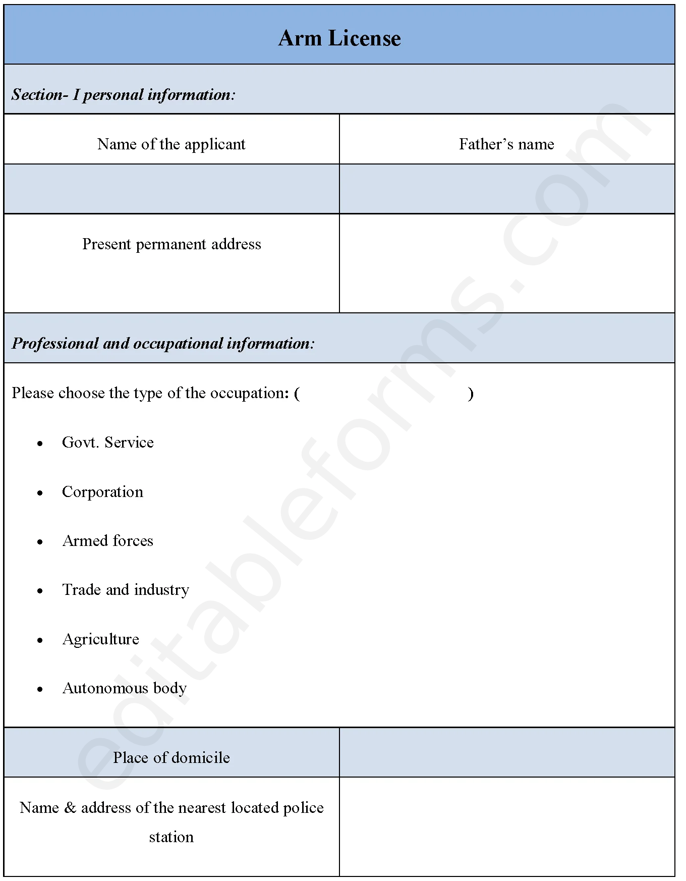 Arm License Form Editable PDF Forms