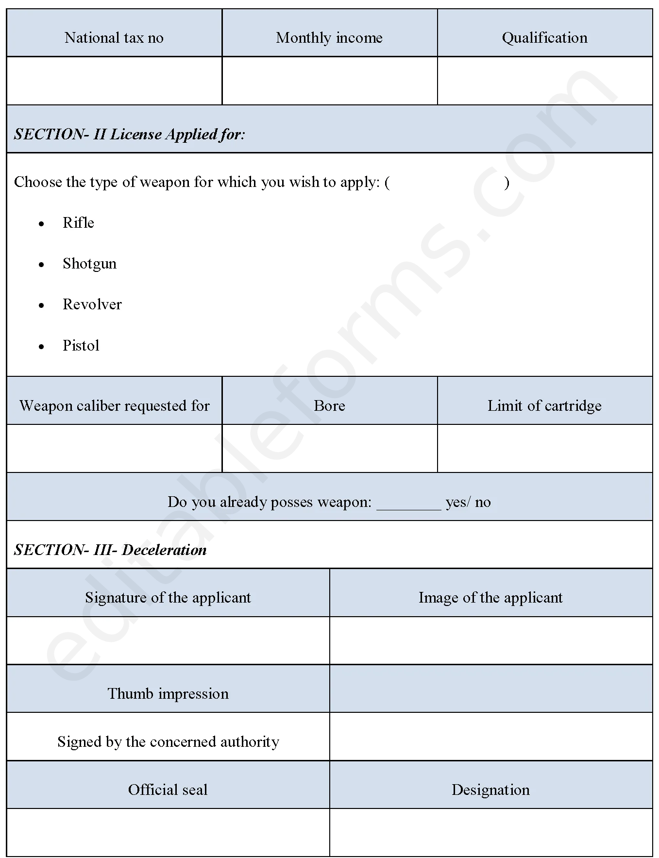 Arm License Form Editable PDF Forms