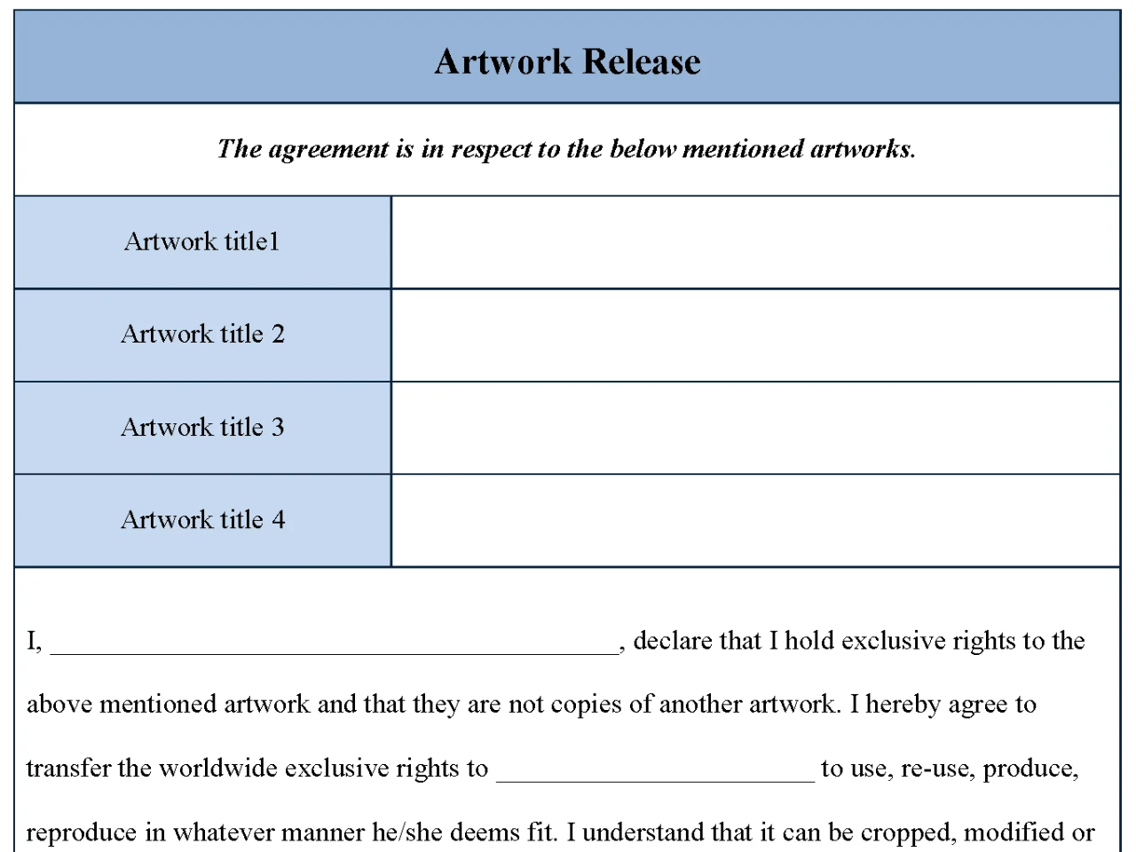 Artwork Release Form Editable PDF Forms
