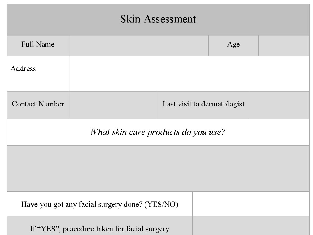 Skin Assessment Form Editable PDF Forms