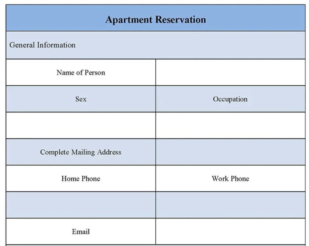 Apartment Reservation Form Editable PDF Forms