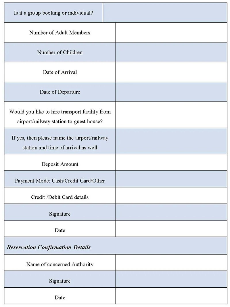 Guest House Reservation Form Editable PDF Forms