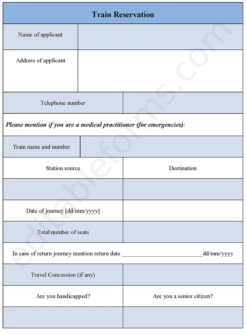 Train Reservation Form Editable PDF Forms