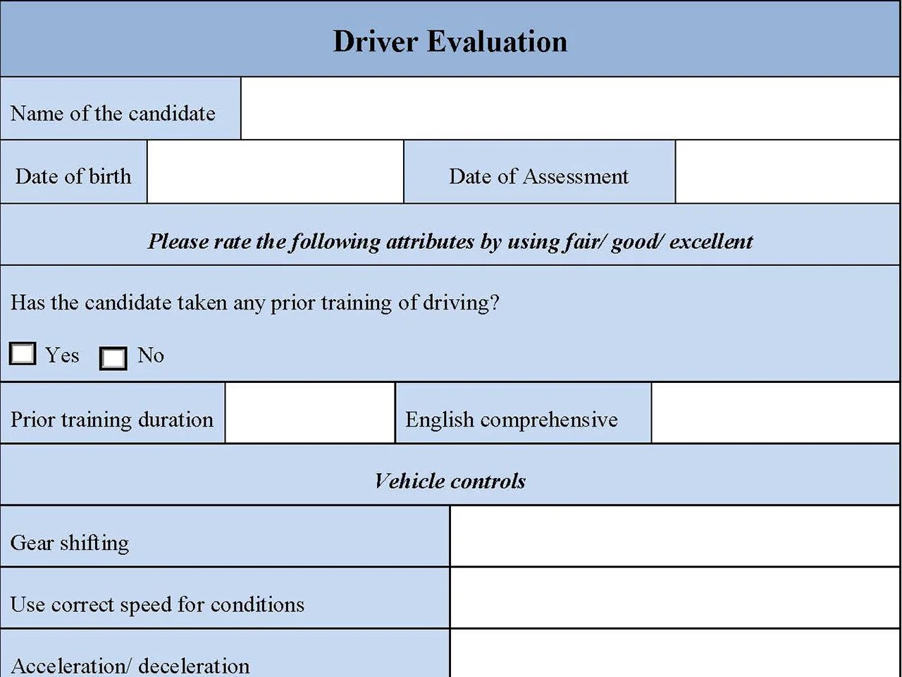 Driver Evaluation Form Editable PDF Forms