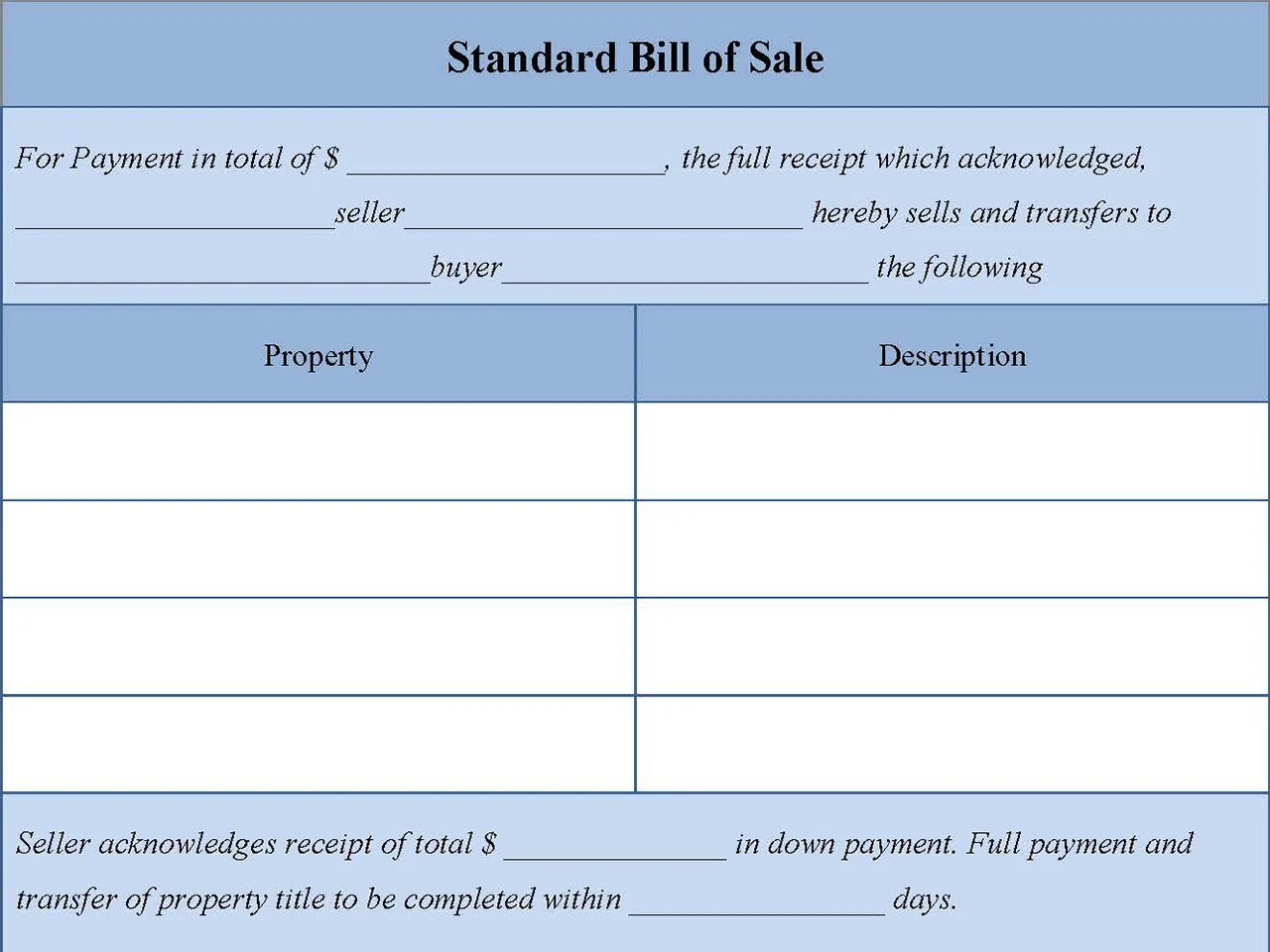 Standard Bill of Sale Form Editable PDF Forms