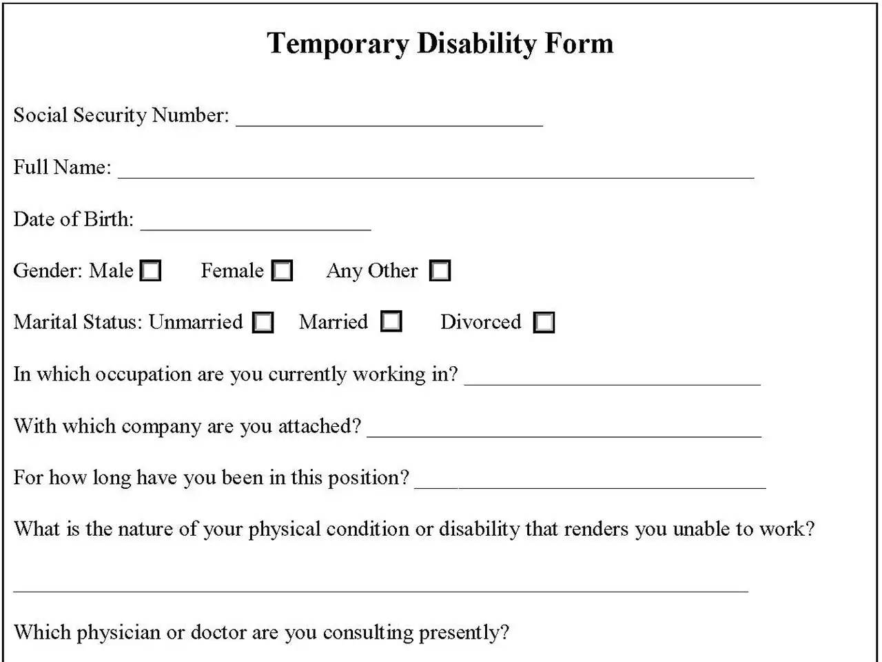 Temporary Disability Form Editable PDF Forms